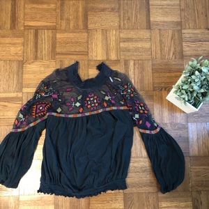 free people black embroidered blouse || size L || NWOT
